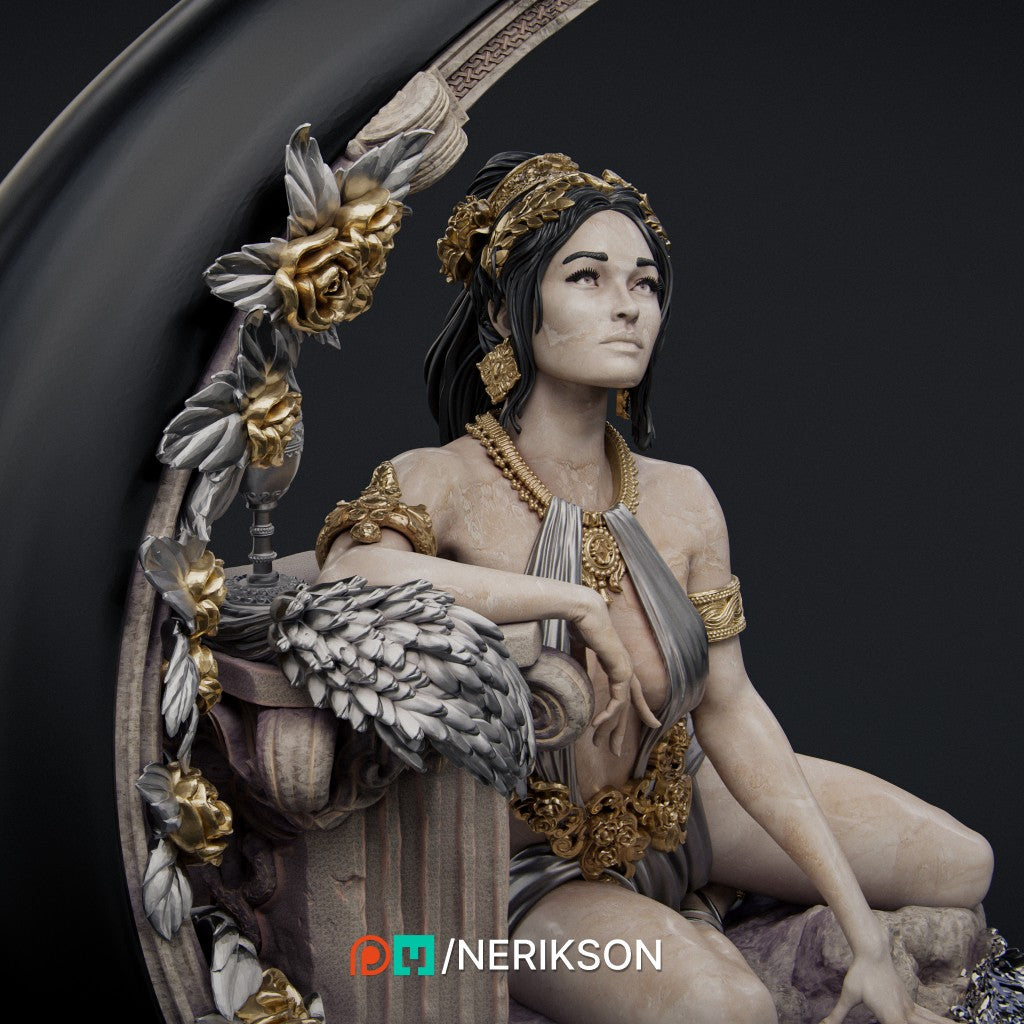 Unpainted summer goddess scale model by Nerikson leaning on a column, high-detail ABS-like resin 16K 3D print