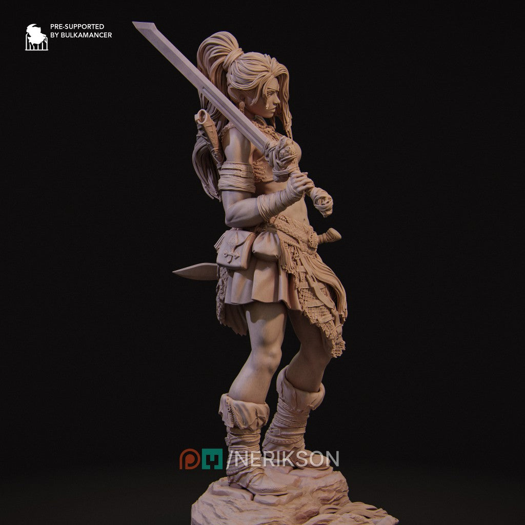 Lia the Barbarian Mercenary fantasy miniature by Nerikson, 3D printed in ABS-Like premium resin, unpainted collectible figurine with fierce warrior character design