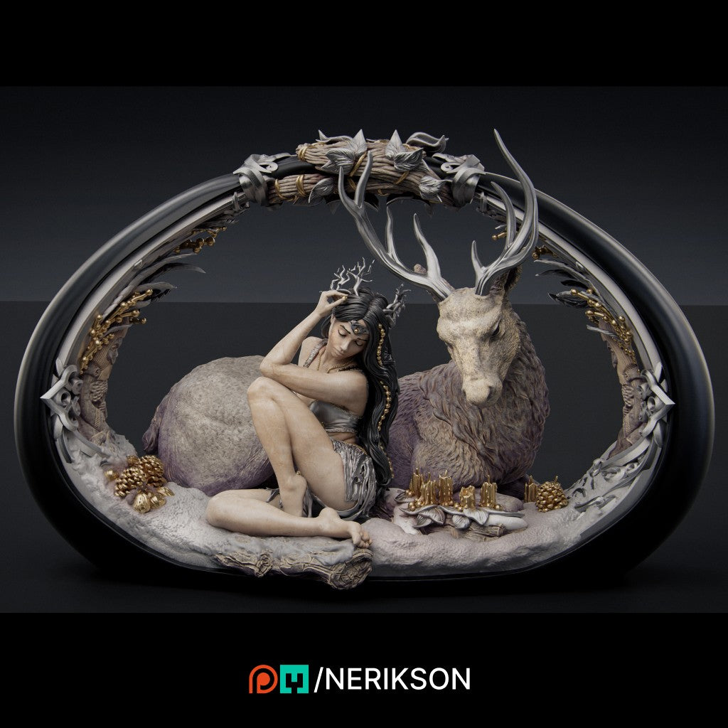 The Four Seasons: Winter resin scale miniature by Nerikson, featuring a serene winter druid resting next to a majestic horned stag, printed in ultra-detailed 16K ABS-Like resin