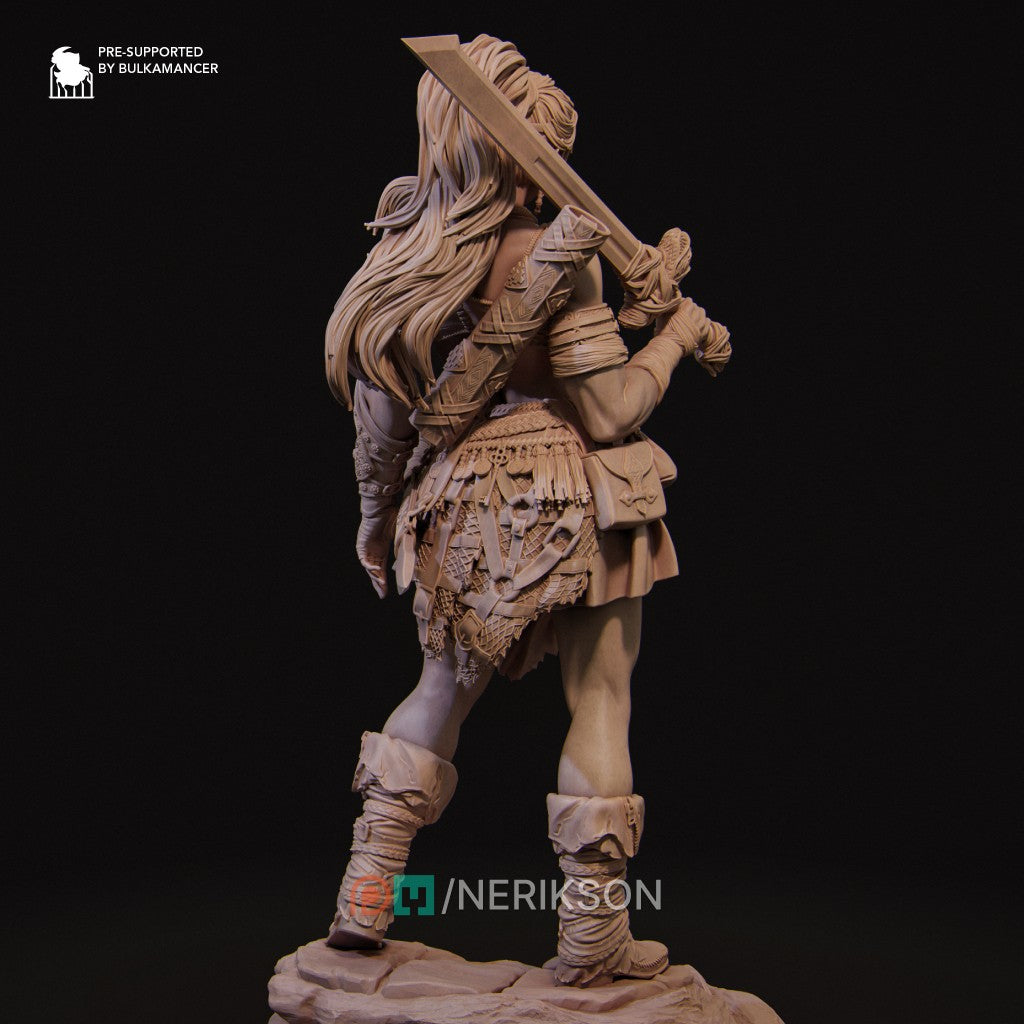 Lia the Barbarian Mercenary fantasy miniature by Nerikson, 3D printed in ABS-Like premium resin, unpainted collectible figurine with fierce warrior character design