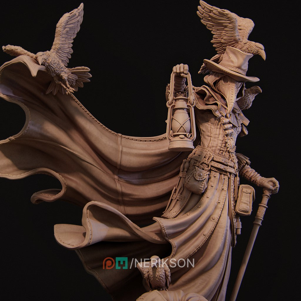 Plague Doctor miniature by Nerikson, 3D printed in ABS-Like resin, featuring a gothic character with a bird mask and glowing green lantern, surrounded by ravens and a fallen figure.
