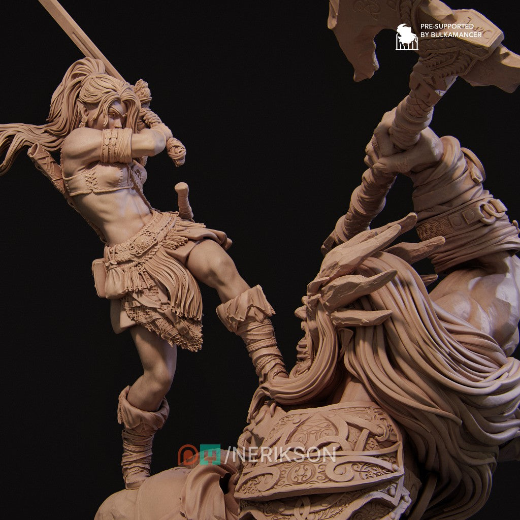 Lia vs the Giant resin miniature by Nerikson – 3D printed fantasy warrior sculpture in ABS-Like Resin, 75mm and 140mm scale, unpainted collector figure