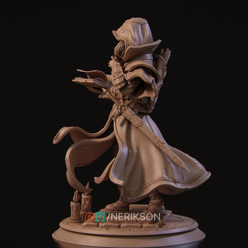 Elf Priest 3D printed resin miniature by Nerikson, showing a hooded elven cleric holding a holy sun symbol and an open tome, unpainted premium ABS-like resin