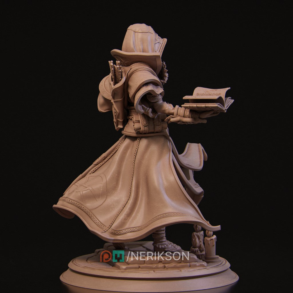 Elf Priest 3D printed resin miniature by Nerikson, showing a hooded elven cleric holding a holy sun symbol and an open tome, unpainted premium ABS-like resin
