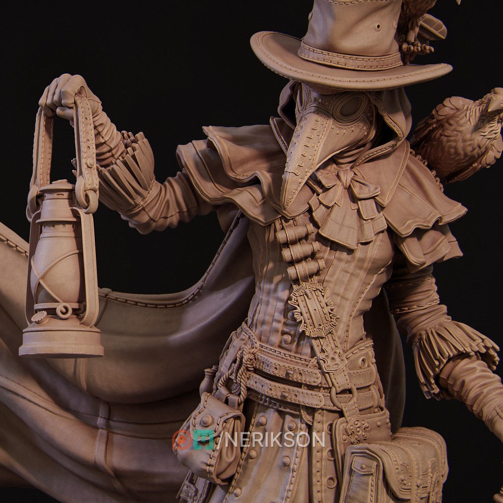 Plague Doctor miniature by Nerikson, 3D printed in ABS-Like resin, featuring a gothic character with a bird mask and glowing green lantern, surrounded by ravens and a fallen figure.