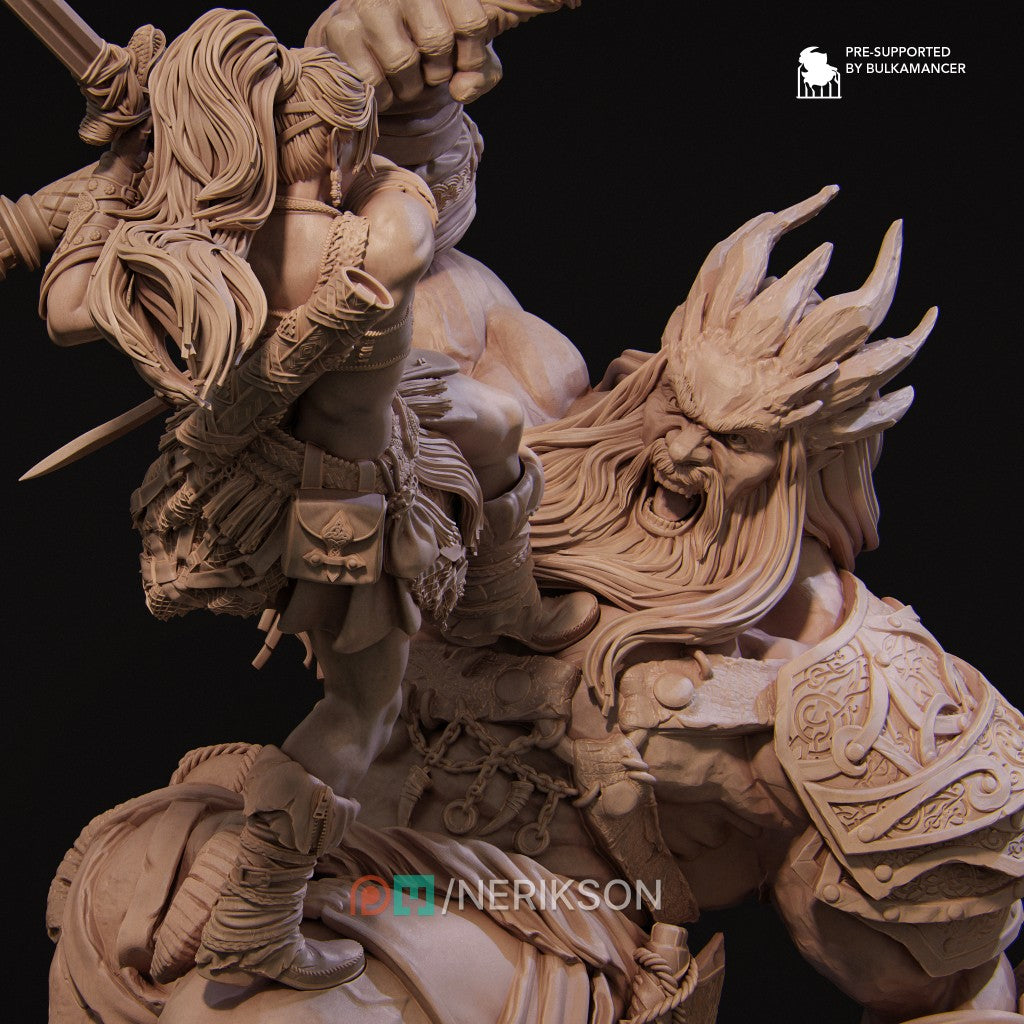 Lia vs the Giant resin miniature by Nerikson – 3D printed fantasy warrior sculpture in ABS-Like Resin, 75mm and 140mm scale, unpainted collector figure