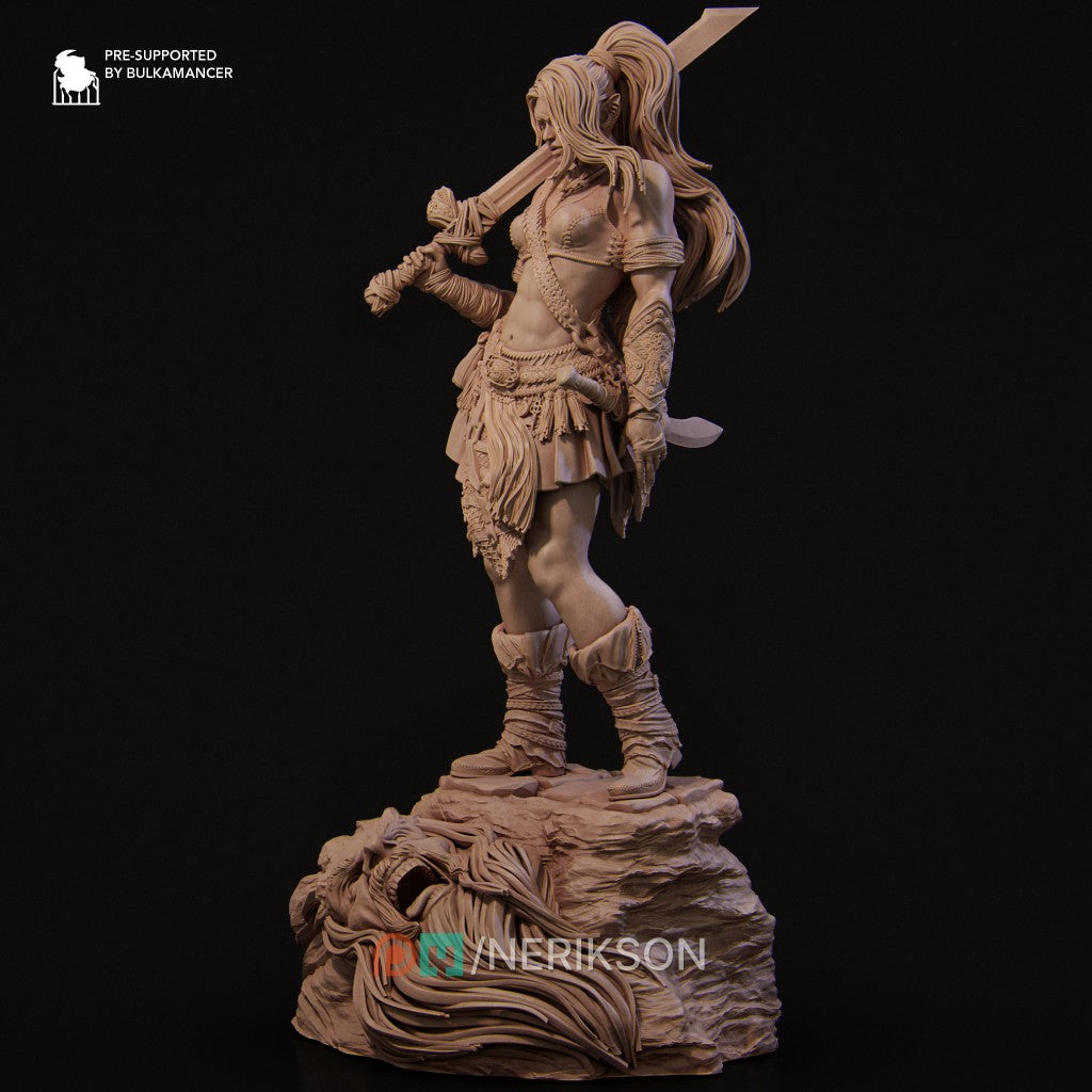 Lia the Barbarian Mercenary fantasy miniature by Nerikson, 3D printed in ABS-Like premium resin, unpainted collectible figurine with fierce warrior character design