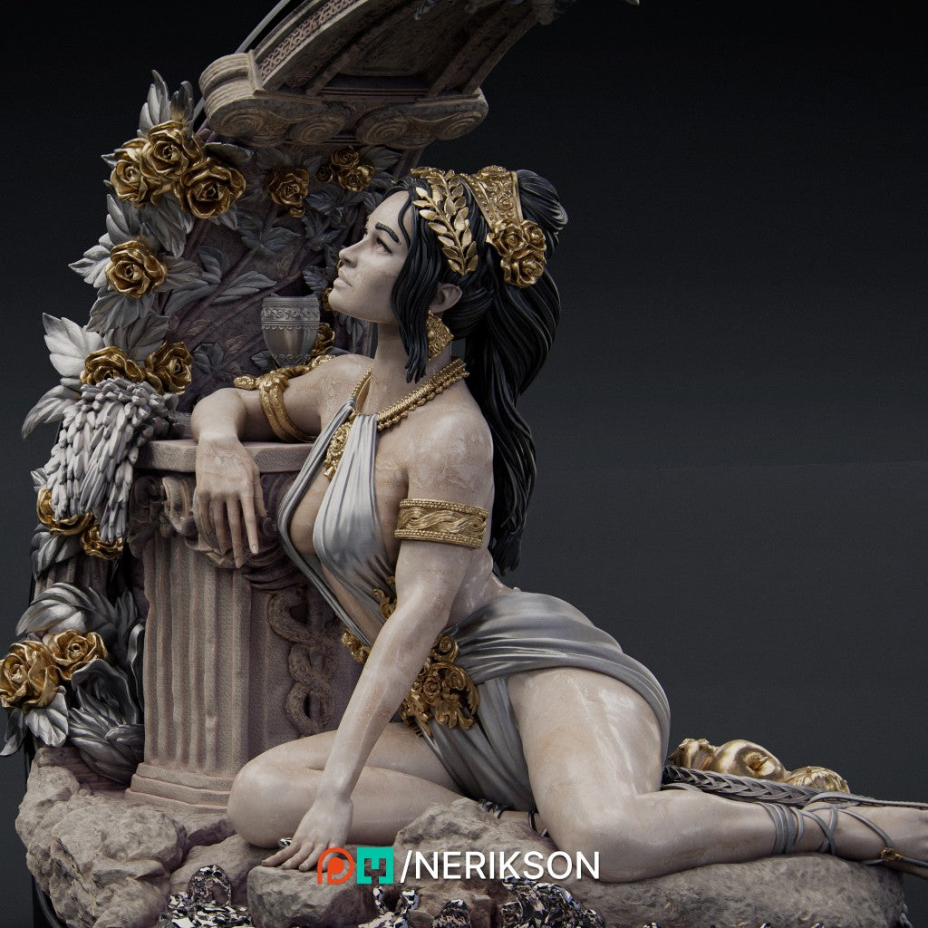 Unpainted summer goddess scale model by Nerikson leaning on a column, high-detail ABS-like resin 16K 3D print