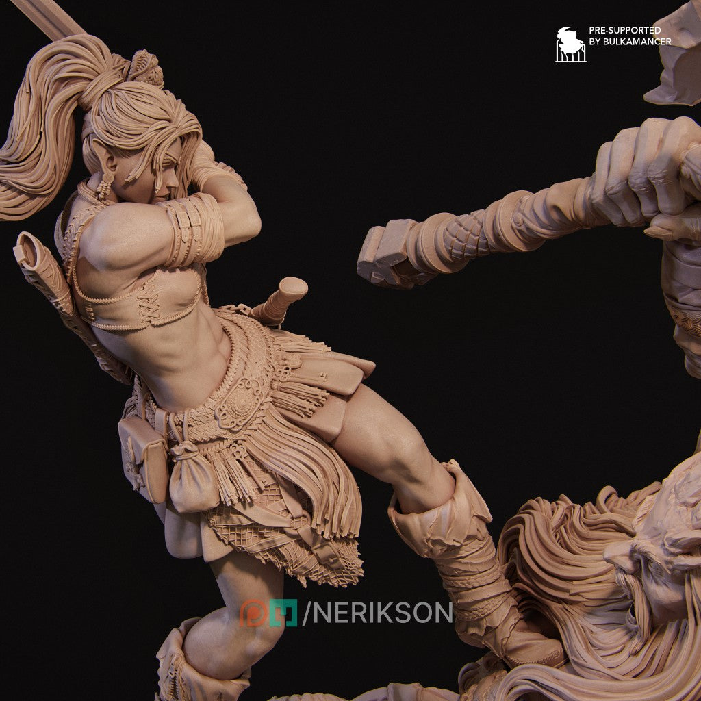 Lia vs the Giant resin miniature by Nerikson – 3D printed fantasy warrior sculpture in ABS-Like Resin, 75mm and 140mm scale, unpainted collector figure