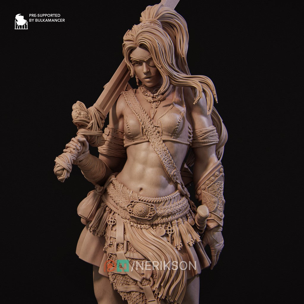 Lia the Barbarian Mercenary fantasy miniature by Nerikson, 3D printed in ABS-Like premium resin, unpainted collectible figurine with fierce warrior character design