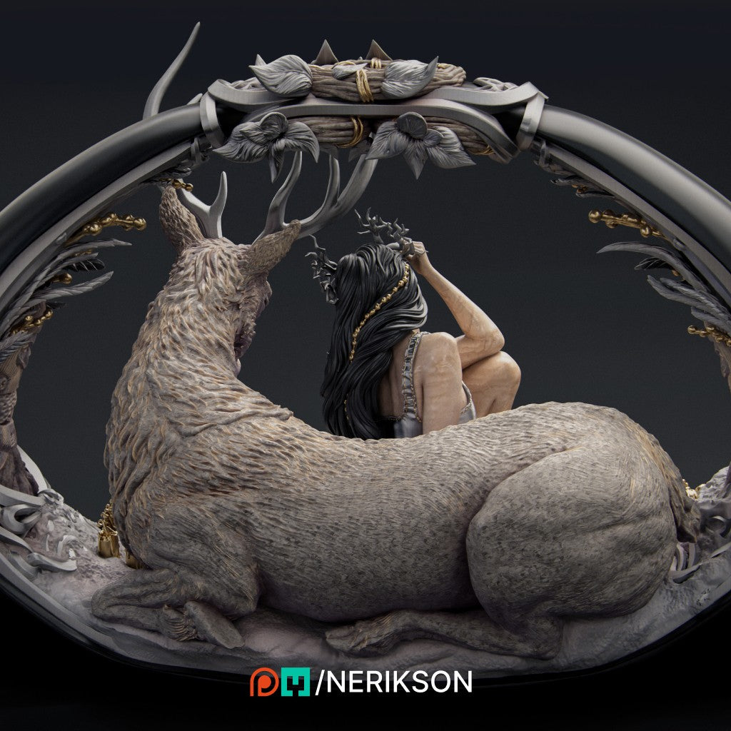 The Four Seasons: Winter resin scale miniature by Nerikson, featuring a serene winter druid resting next to a majestic horned stag, printed in ultra-detailed 16K ABS-Like resin