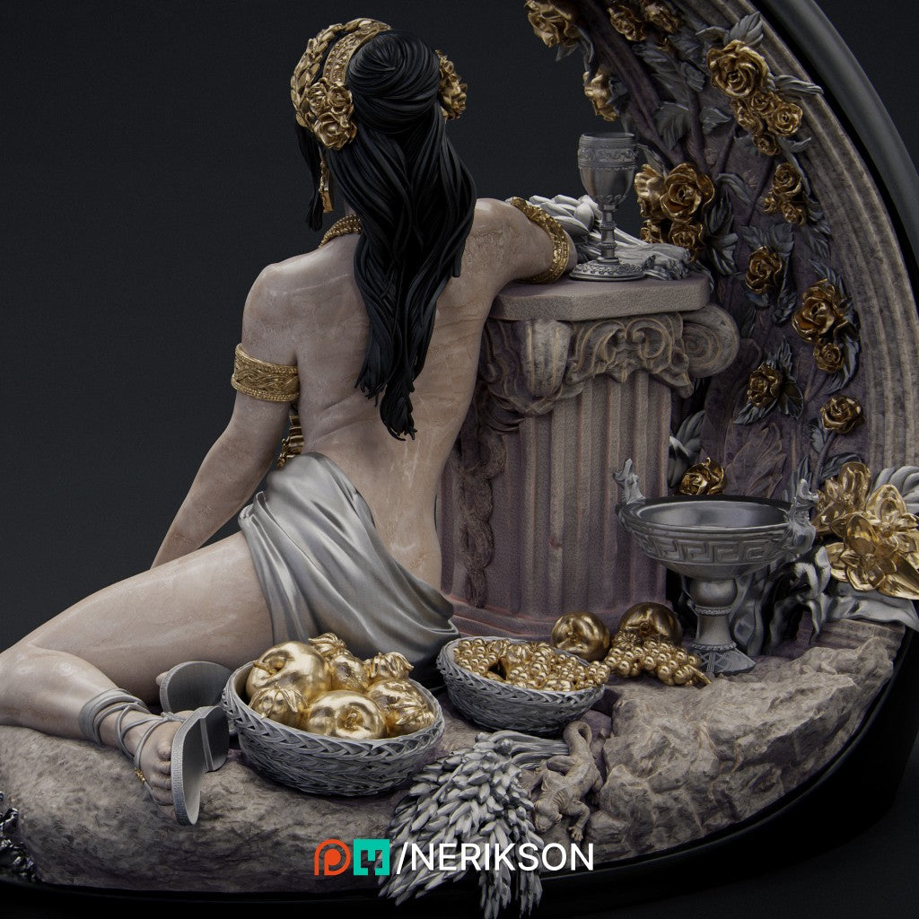 Unpainted summer goddess scale model by Nerikson leaning on a column, high-detail ABS-like resin 16K 3D print