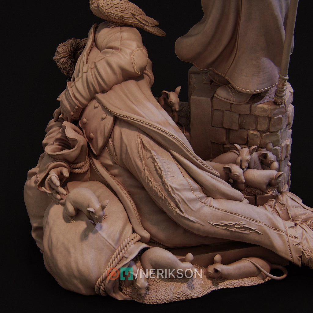Plague Doctor miniature by Nerikson, 3D printed in ABS-Like resin, featuring a gothic character with a bird mask and glowing green lantern, surrounded by ravens and a fallen figure.
