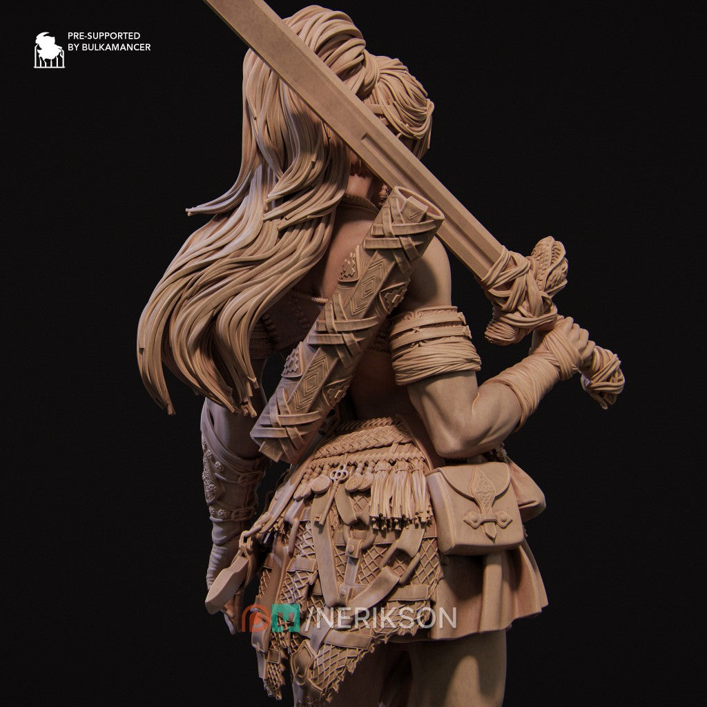 Lia the Barbarian Mercenary fantasy miniature by Nerikson, 3D printed in ABS-Like premium resin, unpainted collectible figurine with fierce warrior character design