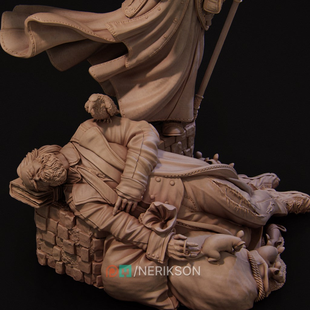 Plague Doctor miniature by Nerikson, 3D printed in ABS-Like resin, featuring a gothic character with a bird mask and glowing green lantern, surrounded by ravens and a fallen figure.