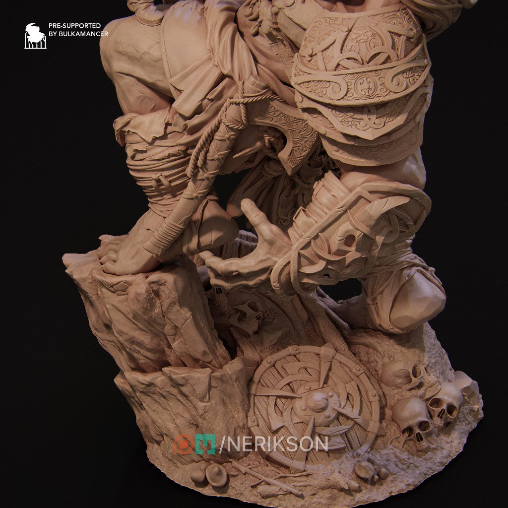 Lia vs the Giant resin miniature by Nerikson – 3D printed fantasy warrior sculpture in ABS-Like Resin, 75mm and 140mm scale, unpainted collector figure