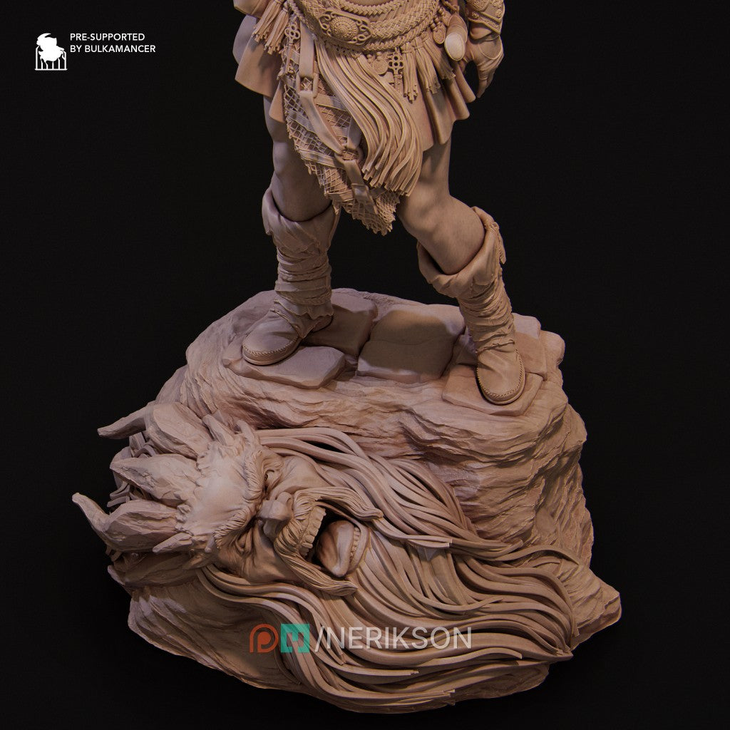 Lia the Barbarian Mercenary fantasy miniature by Nerikson, 3D printed in ABS-Like premium resin, unpainted collectible figurine with fierce warrior character design
