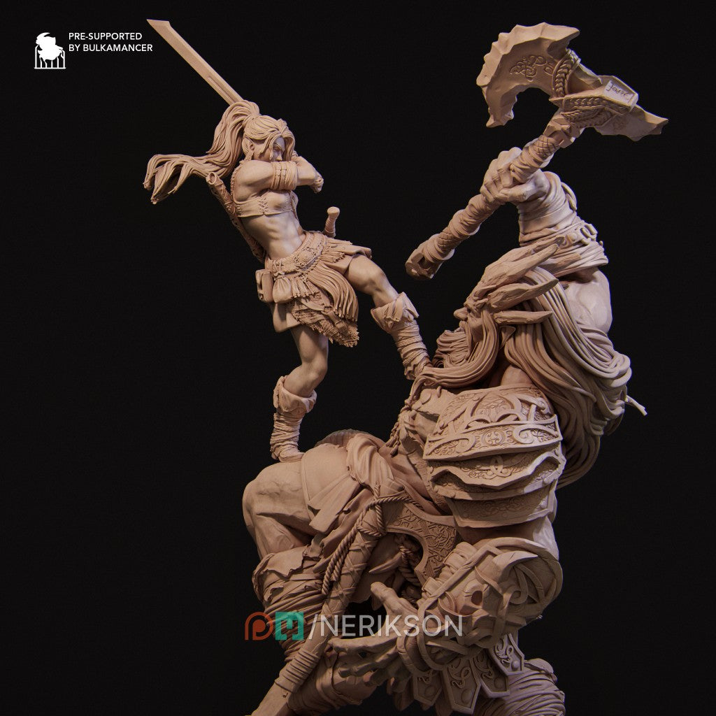 Lia vs the Giant resin miniature by Nerikson – 3D printed fantasy warrior sculpture in ABS-Like Resin, 75mm and 140mm scale, unpainted collector figure