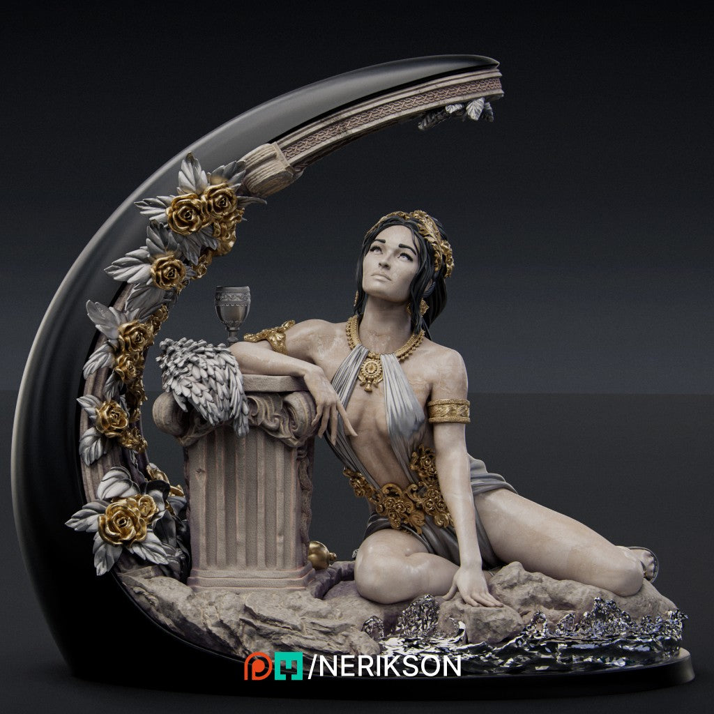 Unpainted summer goddess scale model by Nerikson leaning on a column, high-detail ABS-like resin 16K 3D print