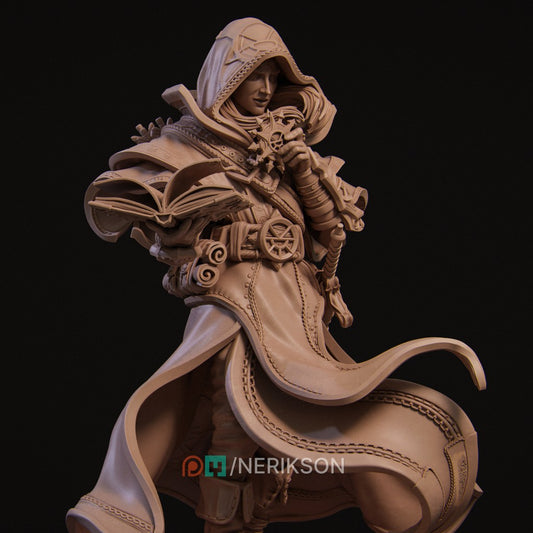Elf Priest 3D printed resin miniature by Nerikson, showing a hooded elven cleric holding a holy sun symbol and an open tome, unpainted premium ABS-like resin