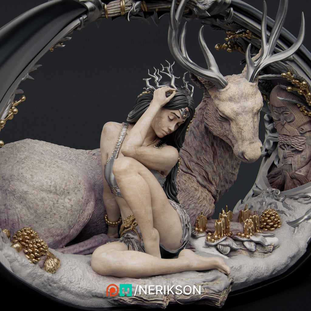 The Four Seasons: Winter resin scale miniature by Nerikson, featuring a serene winter druid resting next to a majestic horned stag, printed in ultra-detailed 16K ABS-Like resin