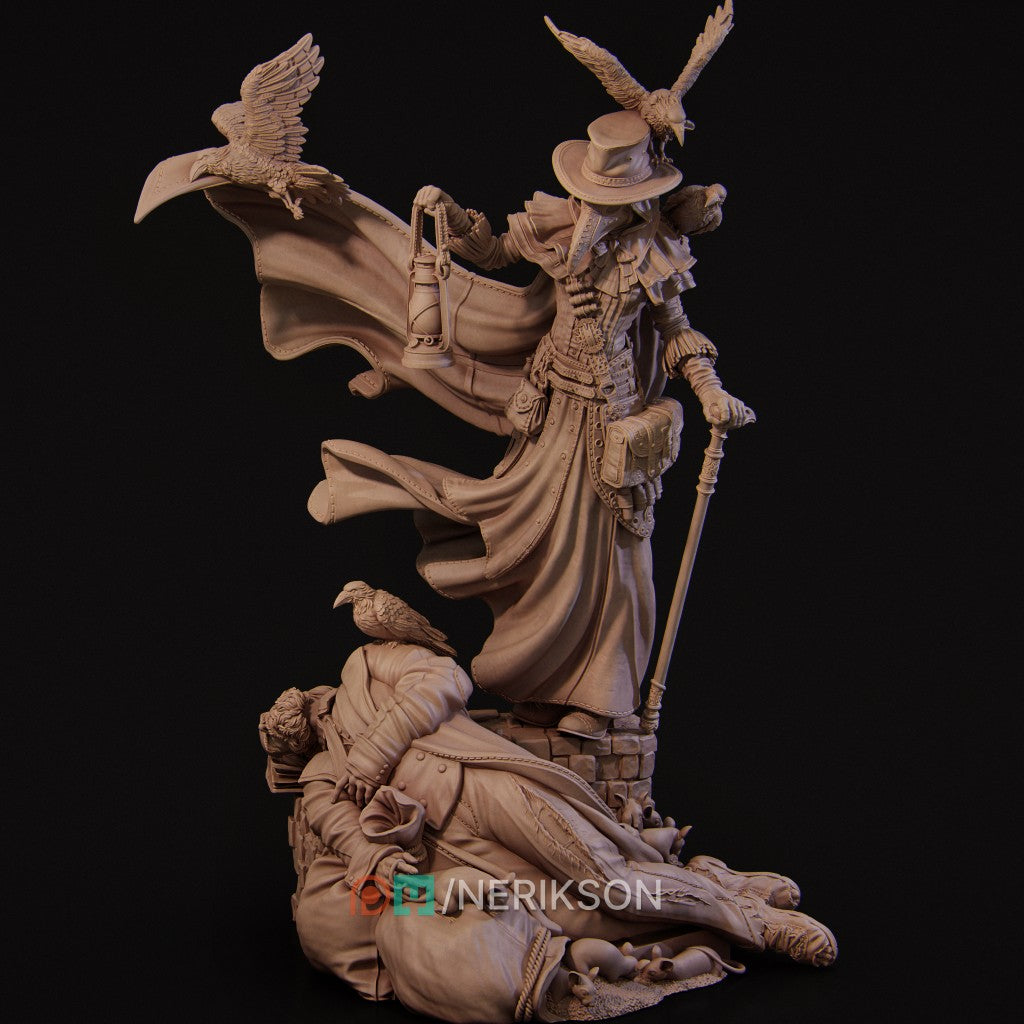 Plague Doctor miniature by Nerikson, 3D printed in ABS-Like resin, featuring a gothic character with a bird mask and glowing green lantern, surrounded by ravens and a fallen figure.