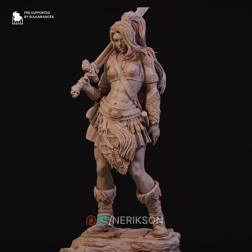 Lia the Barbarian Mercenary fantasy miniature by Nerikson, 3D printed in ABS-Like premium resin, unpainted collectible figurine with fierce warrior character design