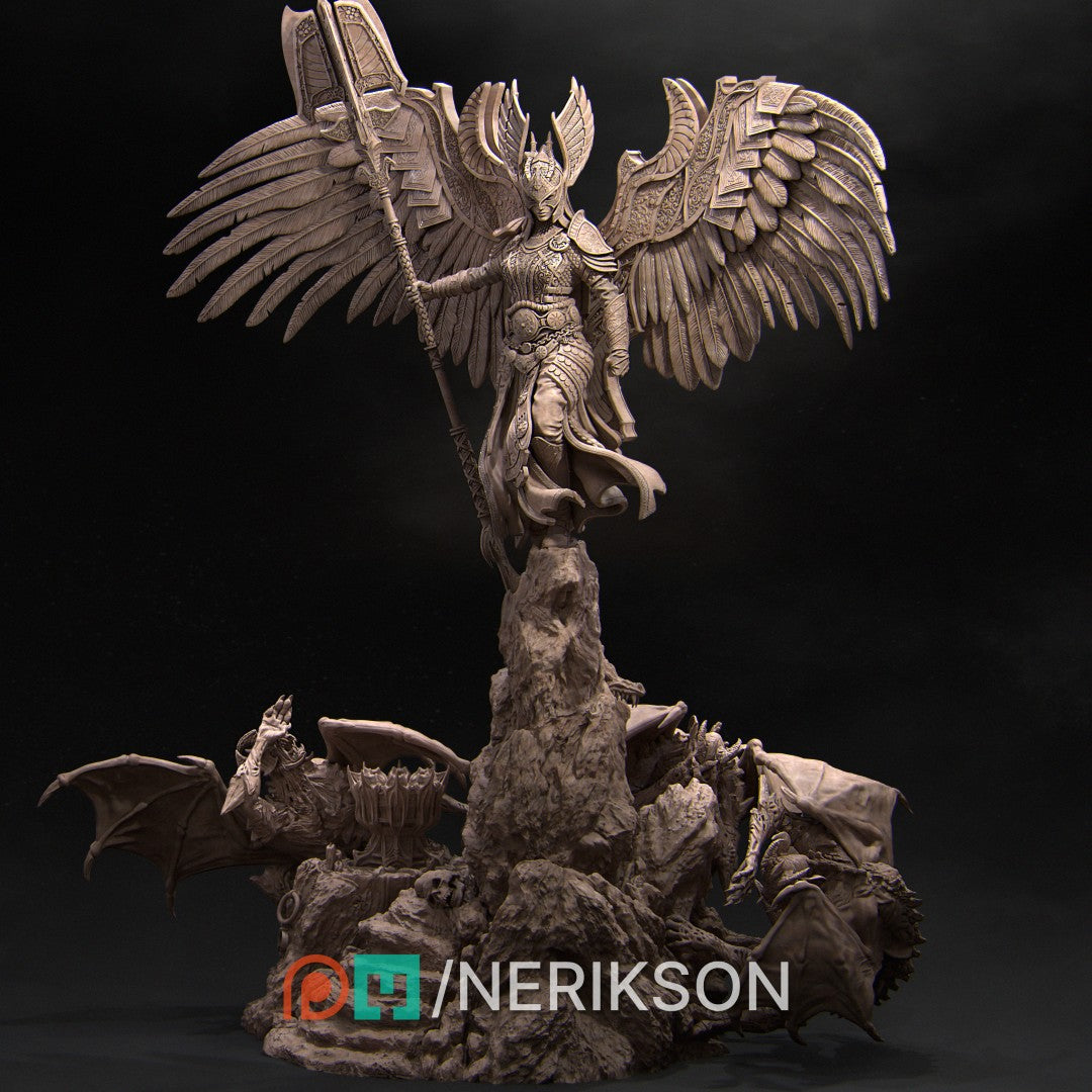 Diorama Revna the Angel of Salvation by Nerikson 3D printed in premium ABS-Like grey resin, unpainted miniature statue showing a female angel with wings holding a spear on a dragon scenic base.
