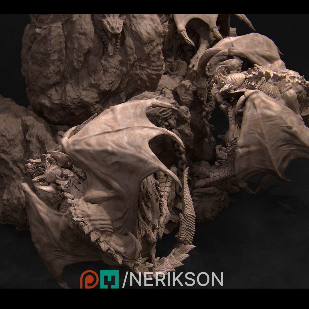 Diorama Revna the Angel of Salvation by Nerikson 3D printed in premium ABS-Like grey resin, unpainted miniature statue showing a female angel with wings holding a spear on a dragon scenic base.