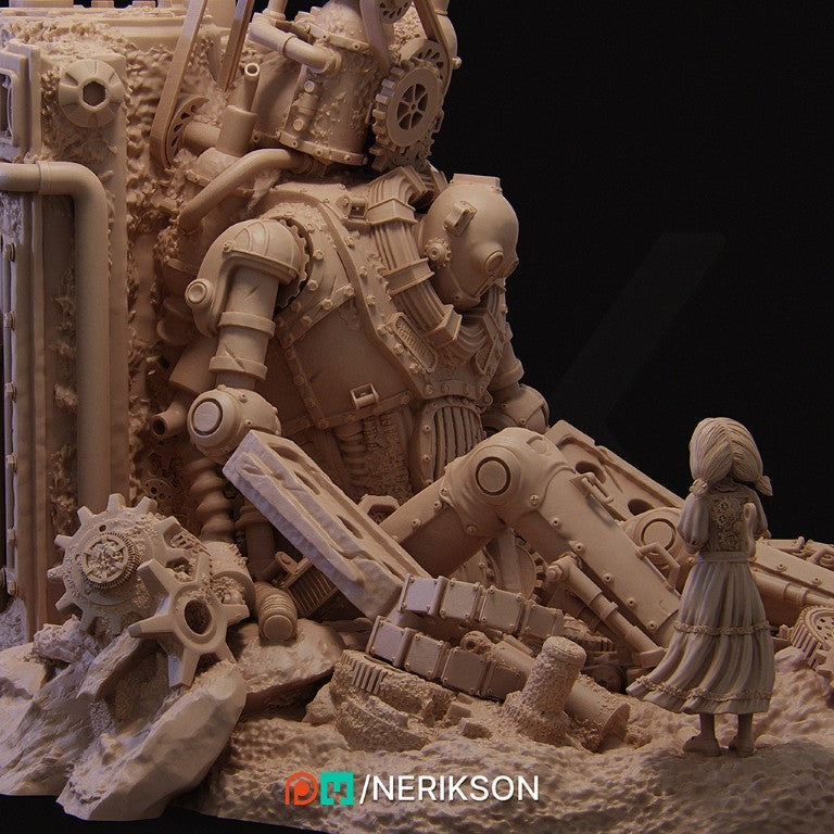 Abandoned Robot Diorama 3D printed in grey ABS-Like resin designed by Nerikson, high detail unpainted post-apocalyptic miniature