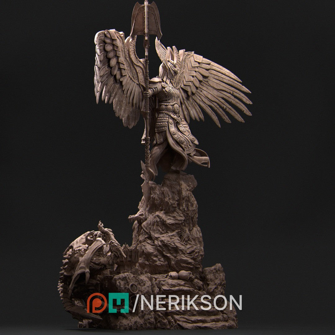 Diorama Revna the Angel of Salvation by Nerikson 3D printed in premium ABS-Like grey resin, unpainted miniature statue showing a female angel with wings holding a spear on a dragon scenic base.