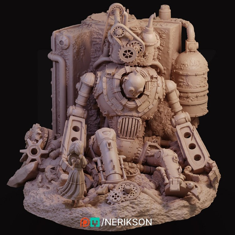Abandoned Robot Diorama 3D printed in grey ABS-Like resin designed by Nerikson, high detail unpainted post-apocalyptic miniature
