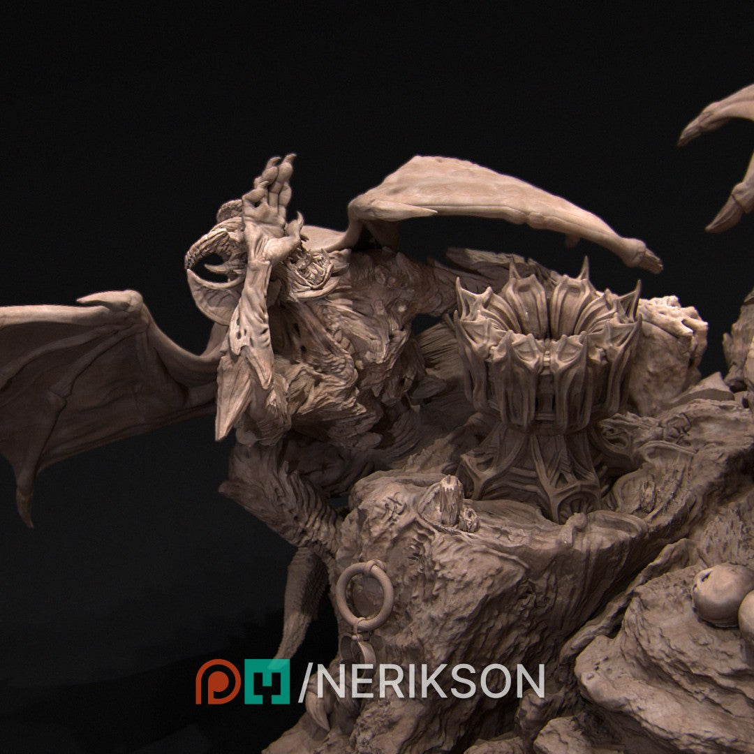 Diorama Revna the Angel of Salvation by Nerikson 3D printed in premium ABS-Like grey resin, unpainted miniature statue showing a female angel with wings holding a spear on a dragon scenic base.