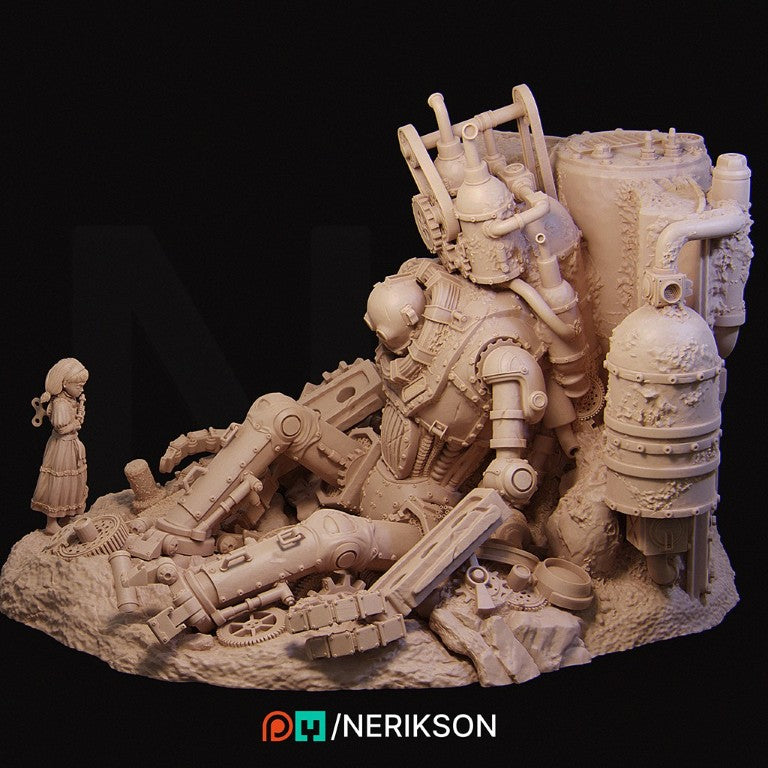 Abandoned Robot Diorama 3D printed in grey ABS-Like resin designed by Nerikson, high detail unpainted post-apocalyptic miniature