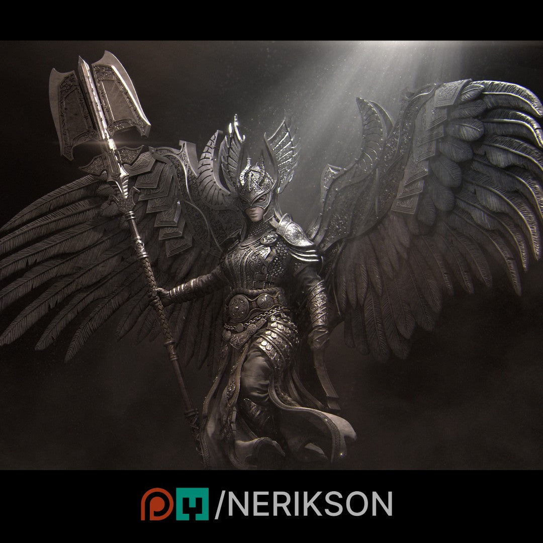 Diorama Revna the Angel of Salvation by Nerikson 3D printed in premium ABS-Like grey resin, unpainted miniature statue showing a female angel with wings holding a spear on a dragon scenic base.