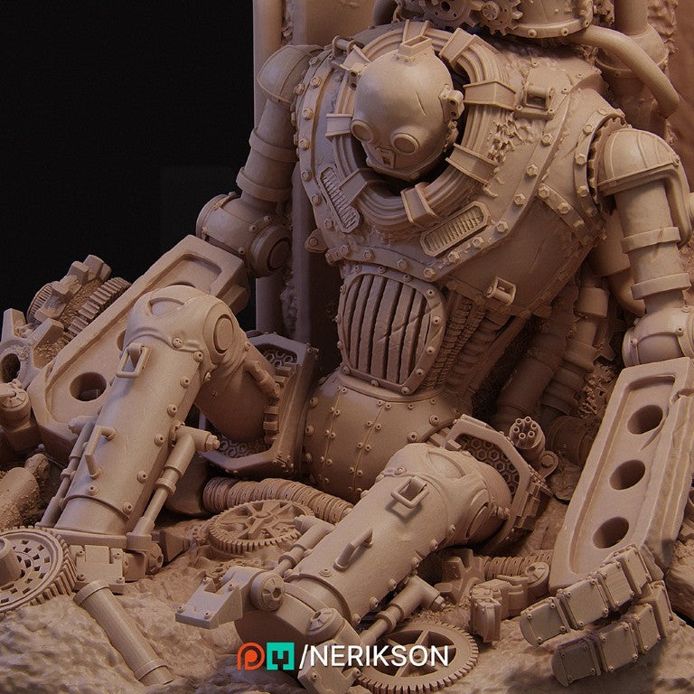 Abandoned Robot Diorama 3D printed in grey ABS-Like resin designed by Nerikson, high detail unpainted post-apocalyptic miniature