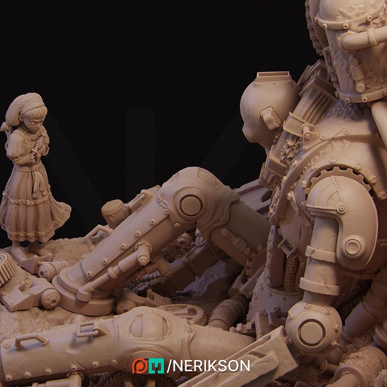 Abandoned Robot Diorama 3D printed in grey ABS-Like resin designed by Nerikson, high detail unpainted post-apocalyptic miniature