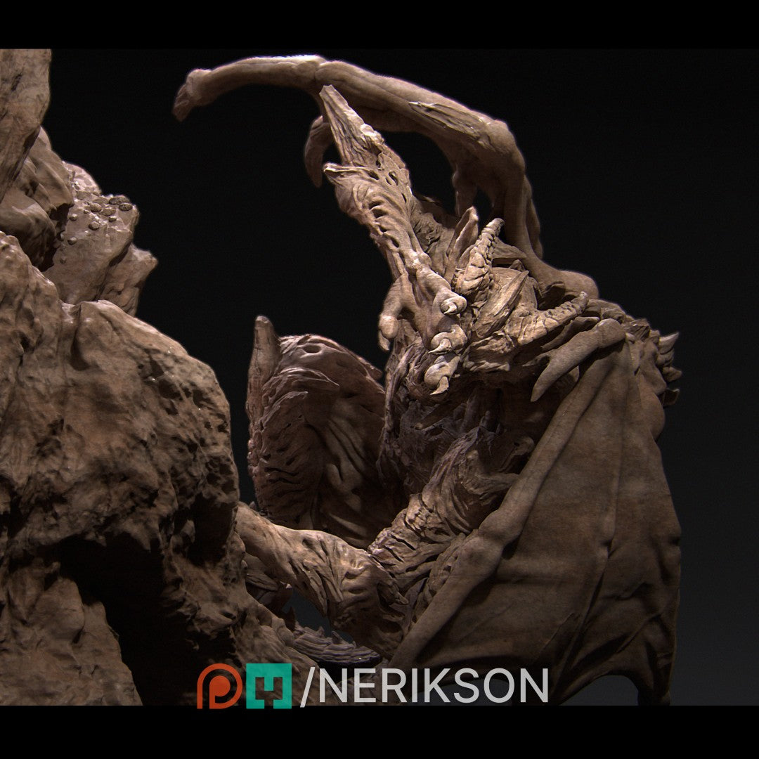 Diorama Revna the Angel of Salvation by Nerikson 3D printed in premium ABS-Like grey resin, unpainted miniature statue showing a female angel with wings holding a spear on a dragon scenic base.
