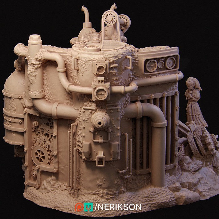 Abandoned Robot Diorama 3D printed in grey ABS-Like resin designed by Nerikson, high detail unpainted post-apocalyptic miniature