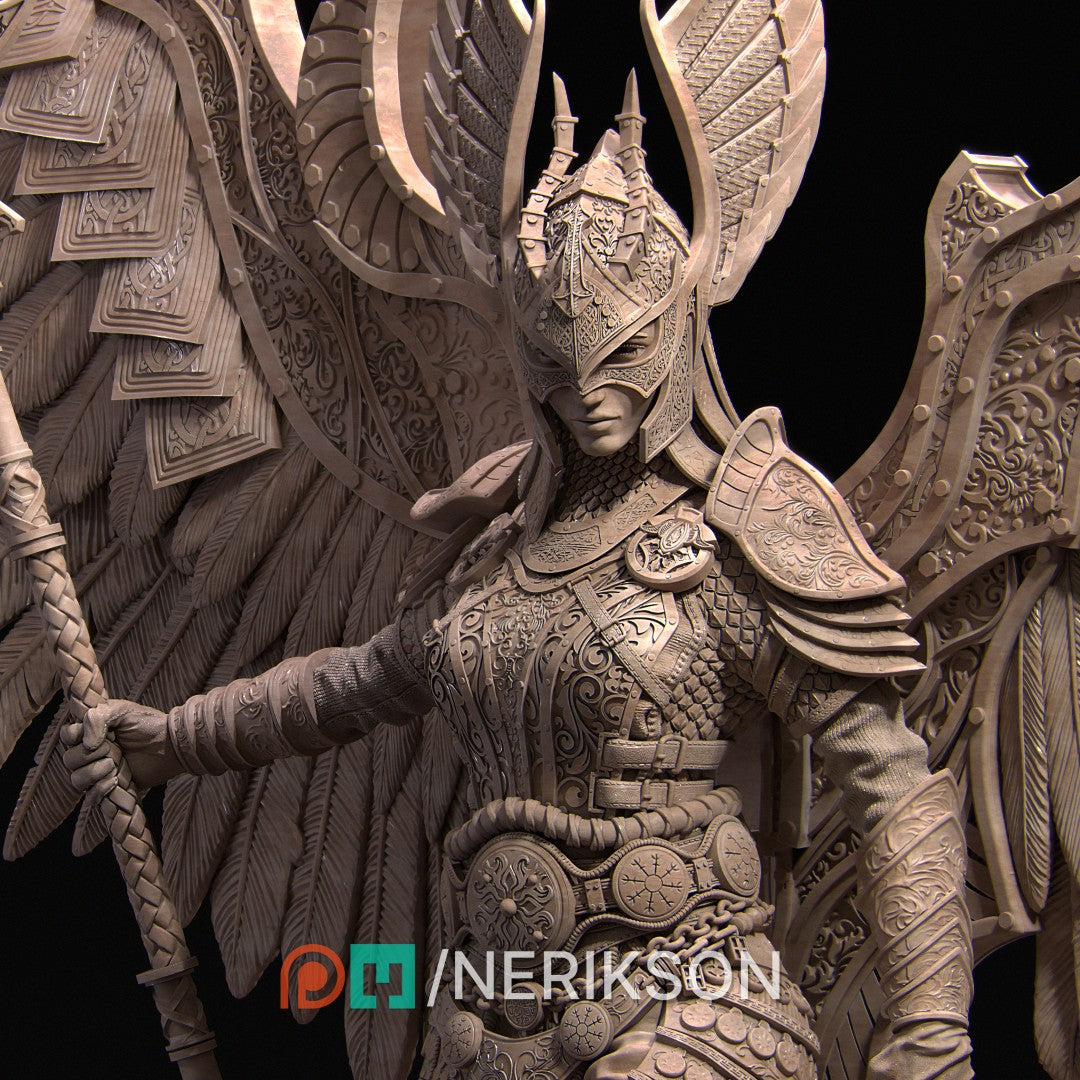 Diorama Revna the Angel of Salvation by Nerikson 3D printed in premium ABS-Like grey resin, unpainted miniature statue showing a female angel with wings holding a spear on a dragon scenic base.