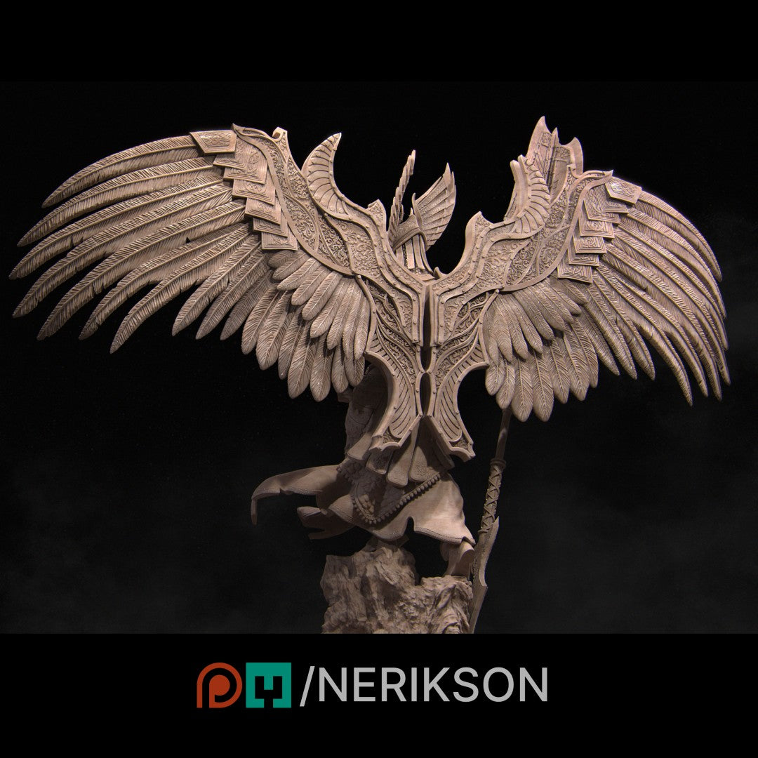 Diorama Revna the Angel of Salvation by Nerikson 3D printed in premium ABS-Like grey resin, unpainted miniature statue showing a female angel with wings holding a spear on a dragon scenic base.