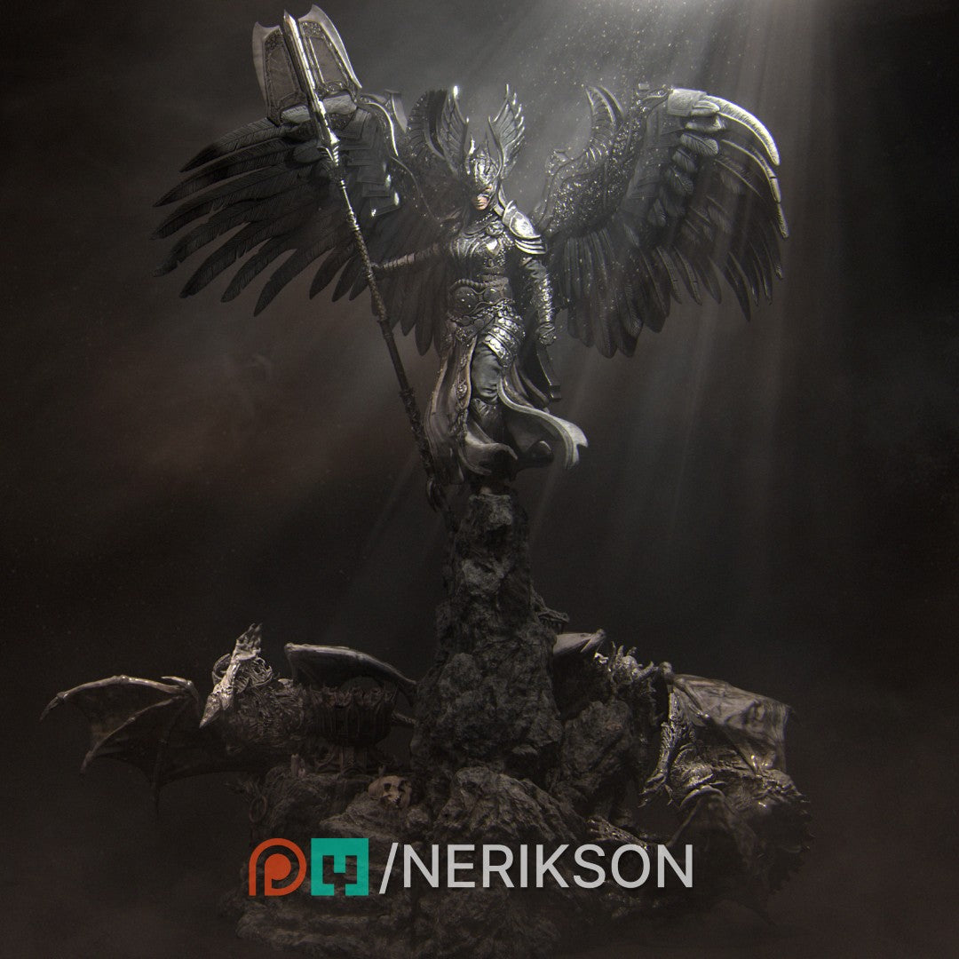 Diorama Revna the Angel of Salvation by Nerikson 3D printed in premium ABS-Like grey resin, unpainted miniature statue showing a female angel with wings holding a spear on a dragon scenic base.