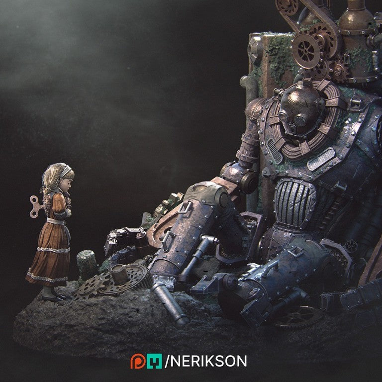 Abandoned Robot Diorama 3D printed in grey ABS-Like resin designed by Nerikson, high detail unpainted post-apocalyptic miniature