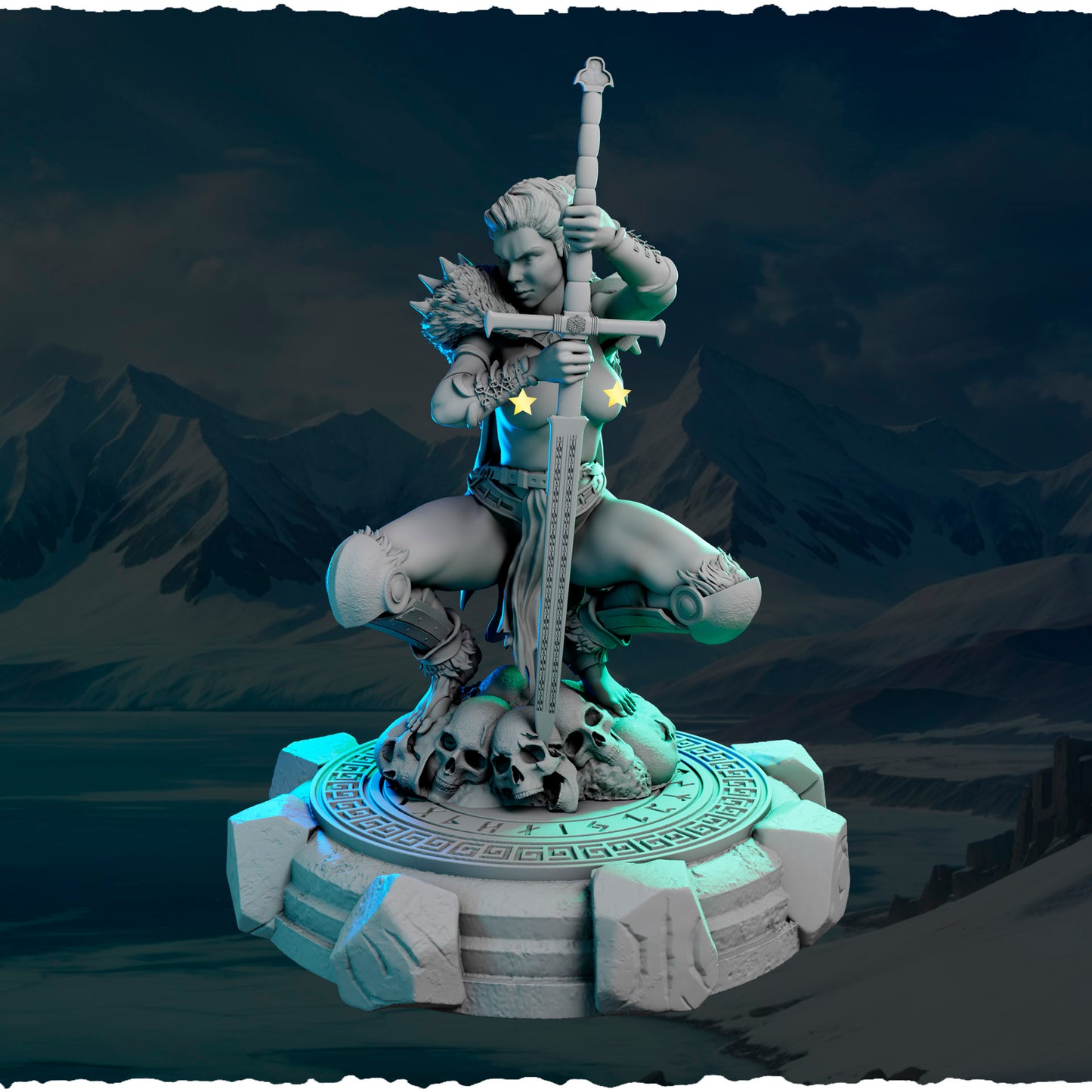 Północna Strażniczka z Mieczem — podstawka z czaszkami i runami