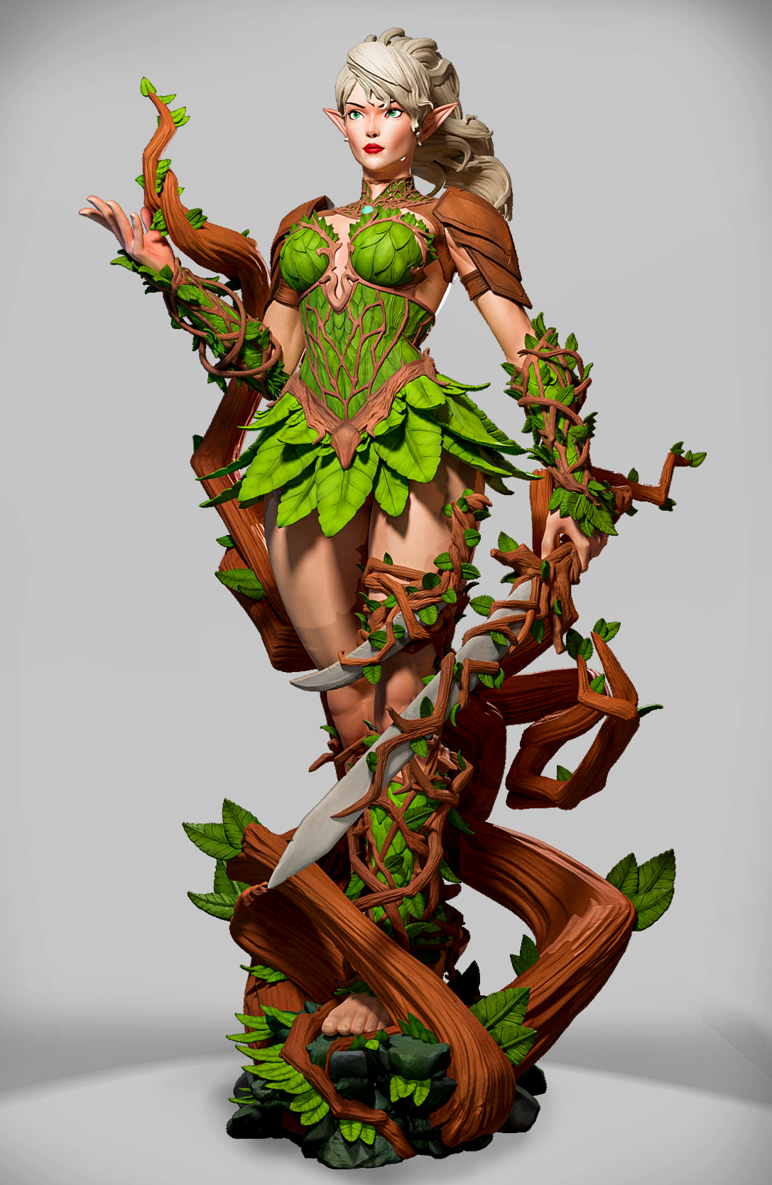 Verdant Druidess – elfia druidka oplątana korzeniami i pnączami na leśnej podstawce