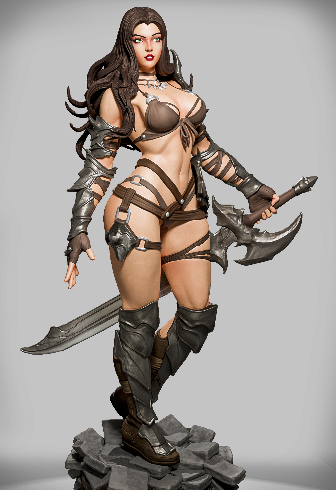 Szary render 3D wojowniczki Aquaria w skórzanym gorsecie z mieczem otoczonym energią.