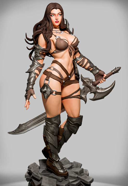 Szary render 3D wojowniczki Aquaria w skórzanym gorsecie z mieczem otoczonym energią.