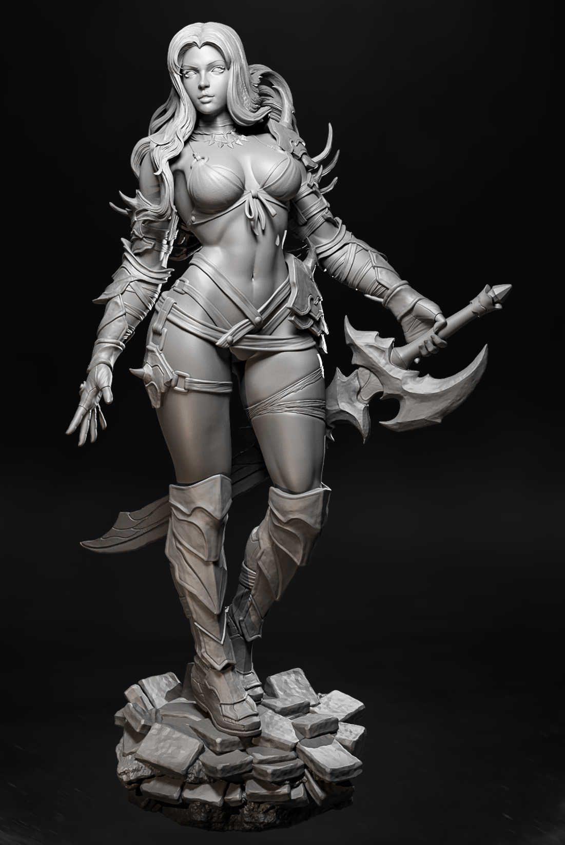 Szary render 3D wojowniczki Aquaria w skórzanym gorsecie z mieczem otoczonym energią.