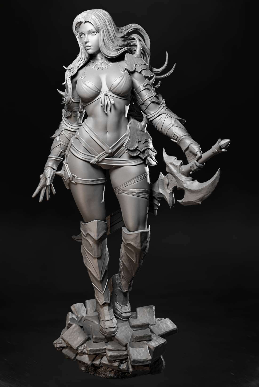 Szary render 3D wojowniczki Aquaria w skórzanym gorsecie z mieczem otoczonym energią.