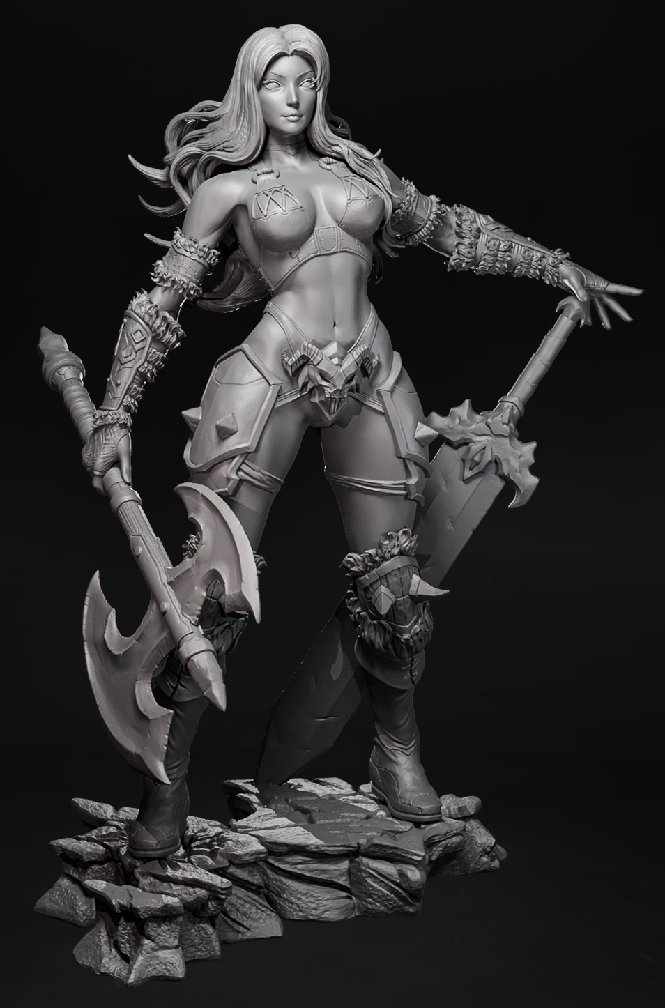 Stonefang Valkyrie – wojowniczka fantasy z mieczem i toporem na skalistej podstawce